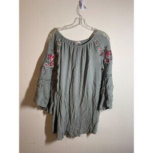 Indigo Soul Boho Embroidered Casual Top Womens Size Large Green Bell Sleeve AD2